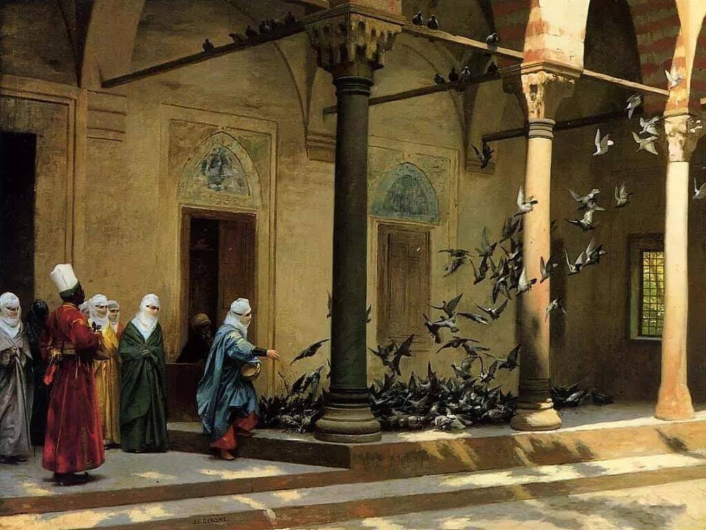 Avluda Güvercinleri Besleyen Harem Kadınları