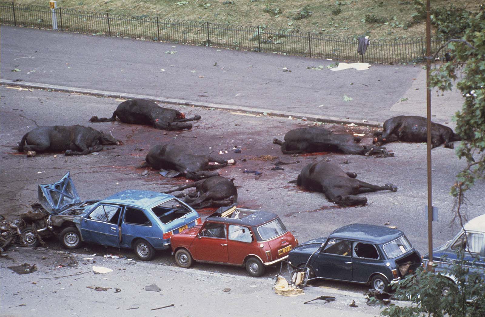 Seven horses of the Queen's Household Cavalry lie dead after the IRA detonated a nail bomb, 1982