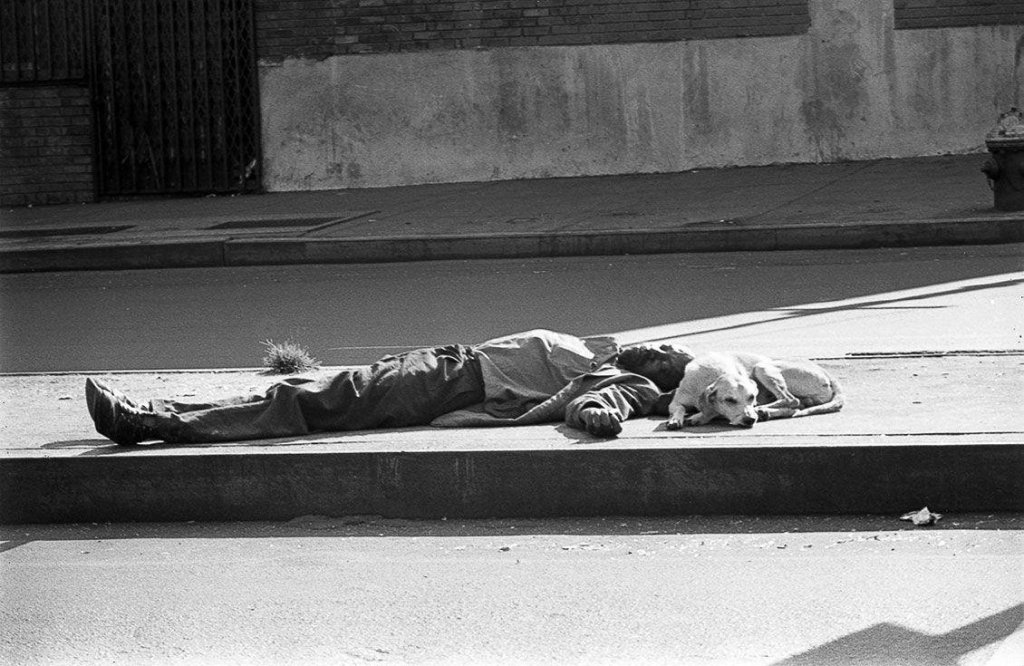 Homeless man laying with a dog on the streets of New York City in the 1970s