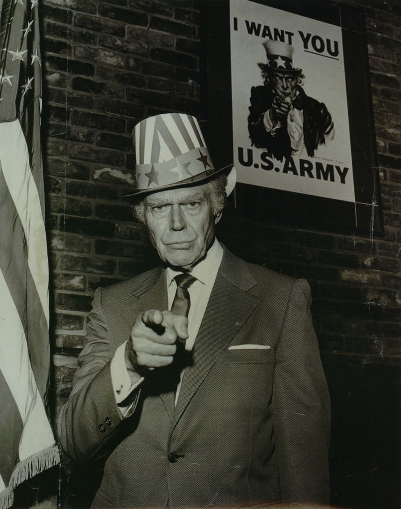 Walter Botts posing as Uncle Sam at opening of Uncle Sam’s Newsroom Restaurant and Lodge, 1970